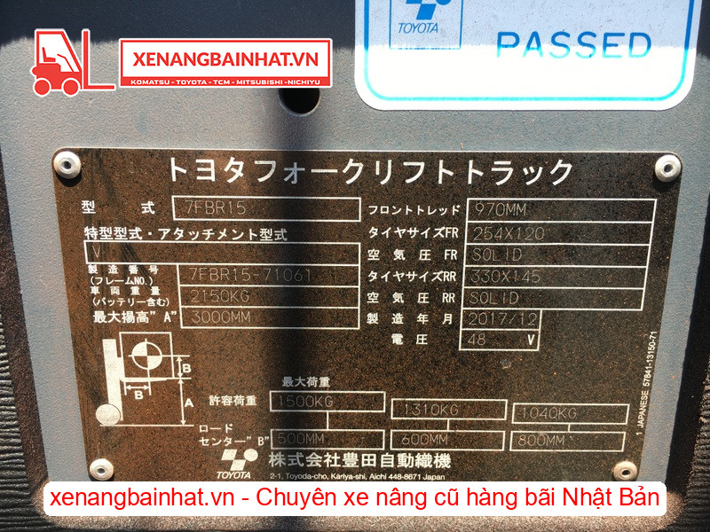 Bảng thông số kỹ thuật Xe nâng điện đứng lái 1.5 tấn Toyota 7FBR15